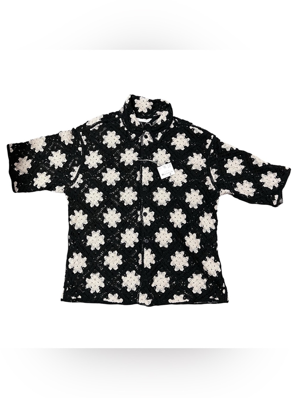 Zara Men’s Crocheted Textured Shirt In Black/Cream Sz XL NWT